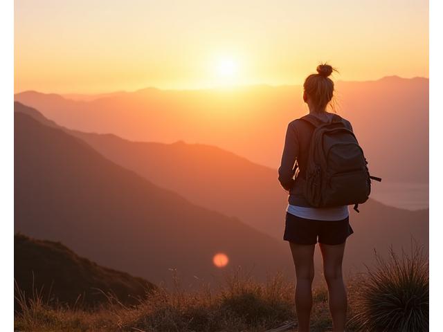 Elara Vance on an early trip, watching a sunrise over mountains