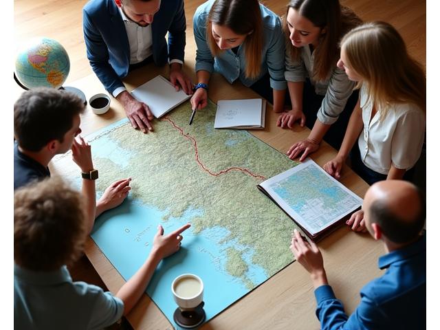 Team members meticulously planning a trip on a large map