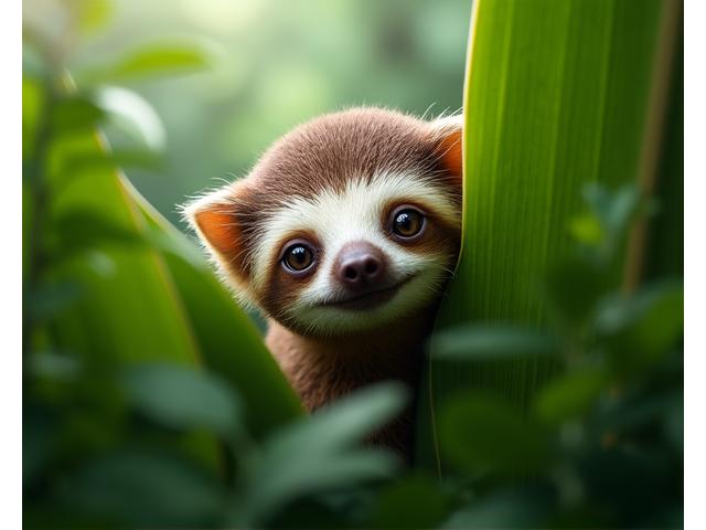 A sloth peeking through lush green jungle leaves, representing eco-tourism