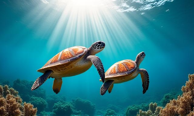 Sea turtles swimming in clear ocean water