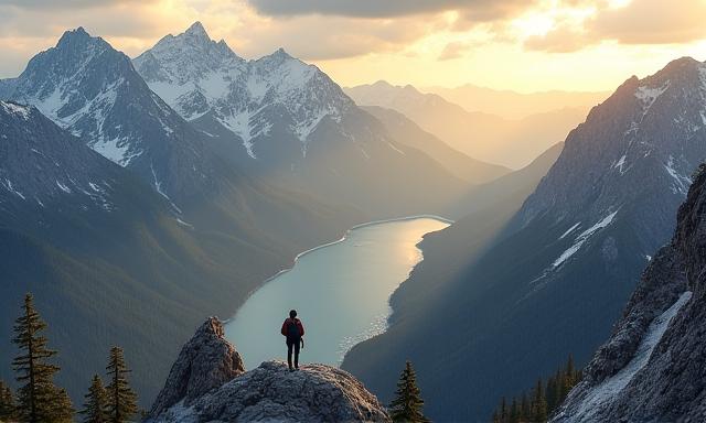 Mountaineer overlooking a vast mountain range