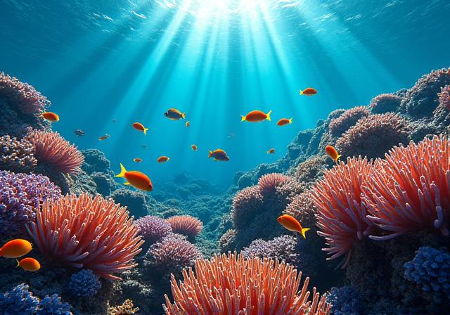 Vibrant coral and colorful fish in the Great Barrier Reef, Australia.
