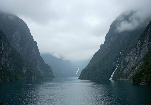 Dramatic Milford Sound fjord in New Zealand with waterfalls and mist.